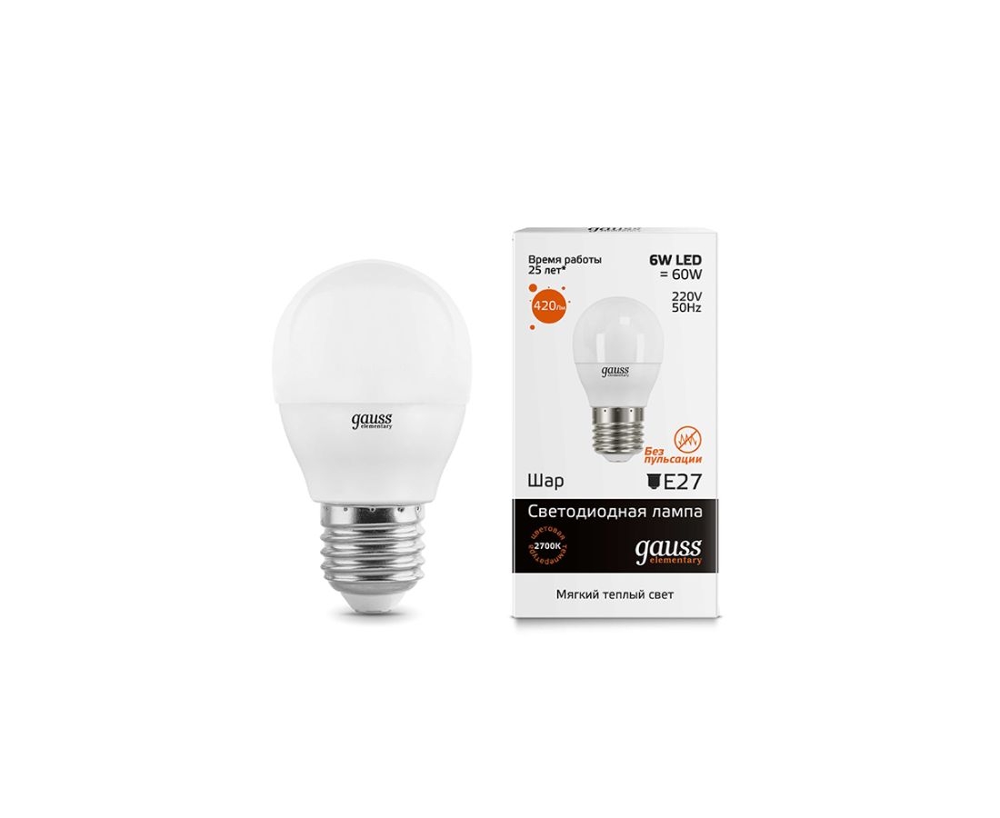 ლედ ნათურა Globe 6W E27 2700K gauss el - 53216 — ნათურა და ვაზნა